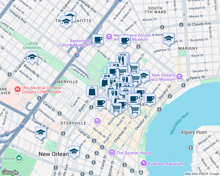 map of restaurants, bars, coffee shops, grocery stores, and more near in New Orleans