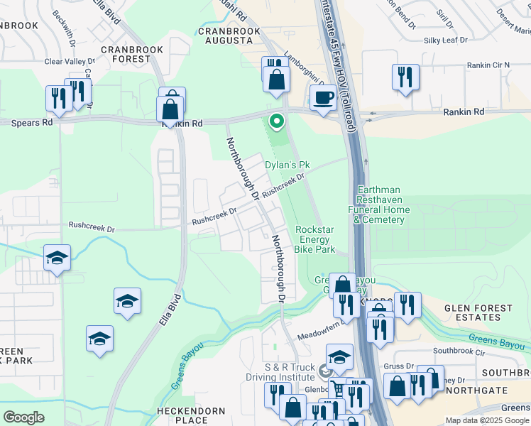 map of restaurants, bars, coffee shops, grocery stores, and more near 13355 Northborough Drive in Houston