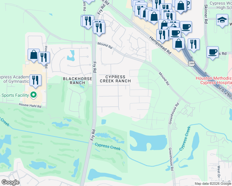 map of restaurants, bars, coffee shops, grocery stores, and more near 26111 Glenbriar Spring Lane in Cypress