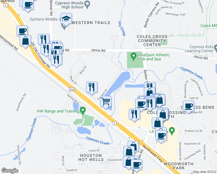 map of restaurants, bars, coffee shops, grocery stores, and more near Cypress Drive in Cypress