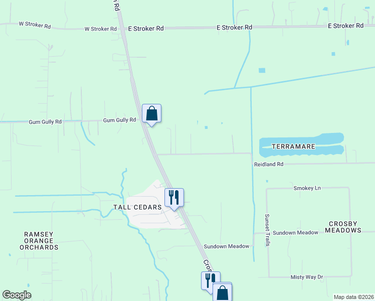 map of restaurants, bars, coffee shops, grocery stores, and more near 255 Reidland Road in Crosby