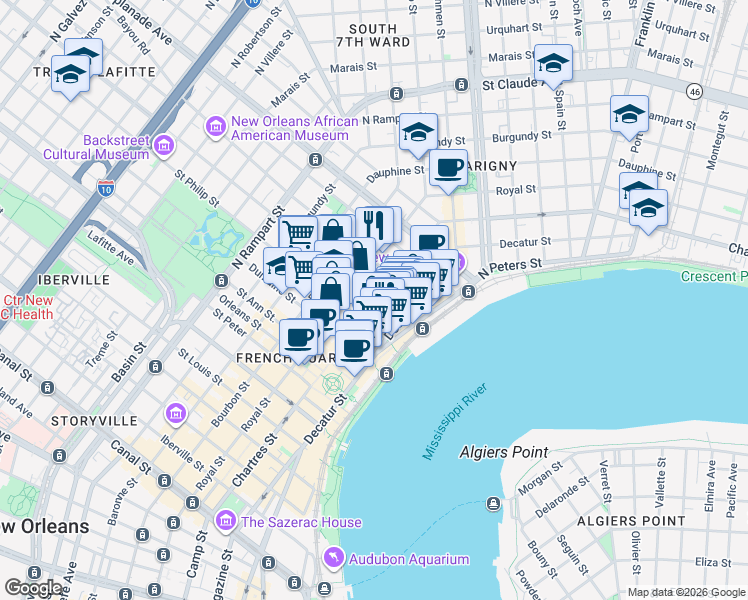 map of restaurants, bars, coffee shops, grocery stores, and more near 623 Ursulines Avenue in New Orleans