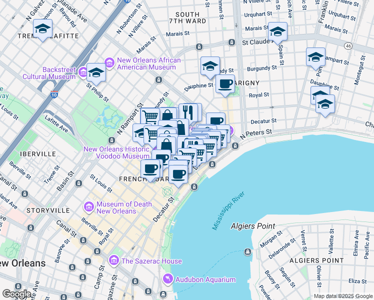 map of restaurants, bars, coffee shops, grocery stores, and more near 623 Ursulines Avenue in New Orleans