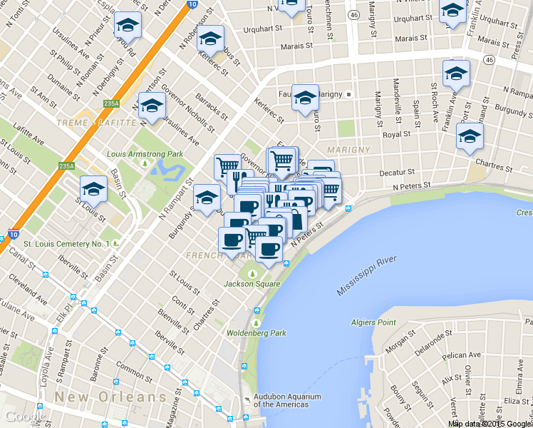 map of restaurants, bars, coffee shops, grocery stores, and more near 623 Ursulines Avenue in New Orleans