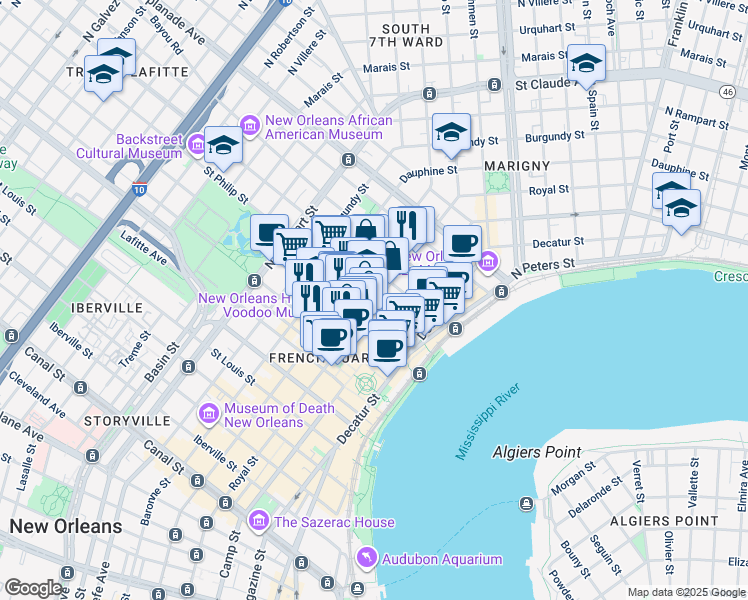 map of restaurants, bars, coffee shops, grocery stores, and more near 727 Saint Philip Street in New Orleans