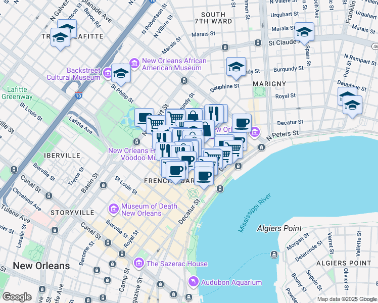 map of restaurants, bars, coffee shops, grocery stores, and more near 727 Saint Philip Street in New Orleans