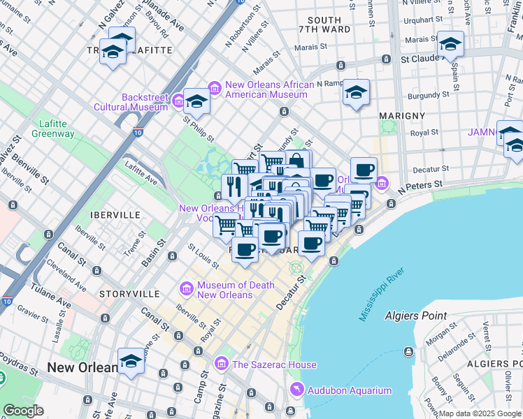 map of restaurants, bars, coffee shops, grocery stores, and more near 916 Dauphine Street in New Orleans