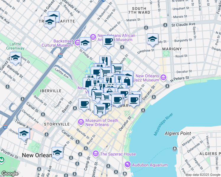 map of restaurants, bars, coffee shops, grocery stores, and more near 824 Burgundy Street in New Orleans