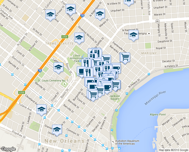 map of restaurants, bars, coffee shops, grocery stores, and more near 824 Burgundy Street in New Orleans