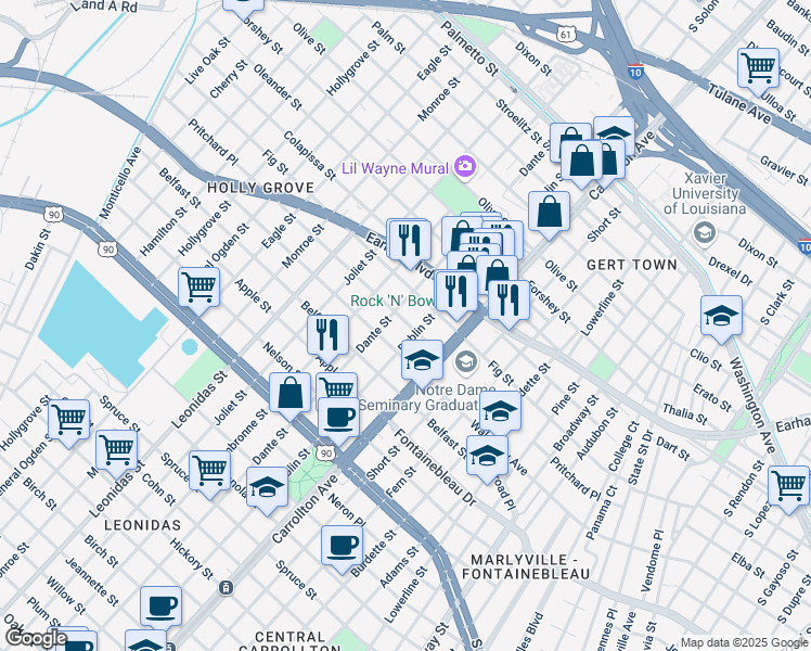 map of restaurants, bars, coffee shops, grocery stores, and more near 8232 Pritchard Place in New Orleans
