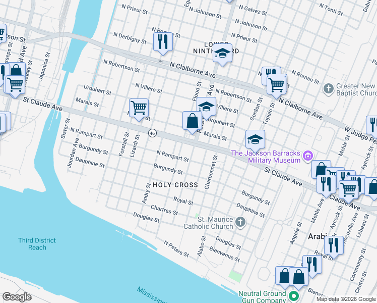 map of restaurants, bars, coffee shops, grocery stores, and more near in New Orleans
