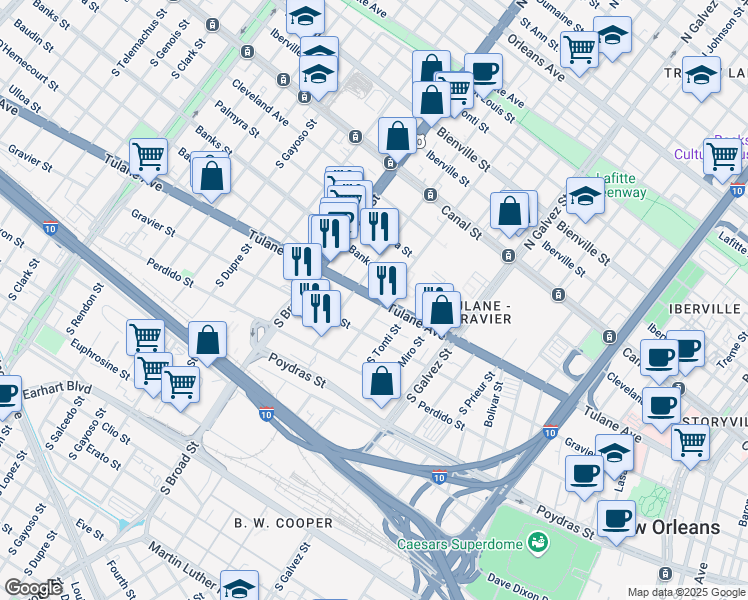 map of restaurants, bars, coffee shops, grocery stores, and more near 2537 Tulane Avenue in New Orleans