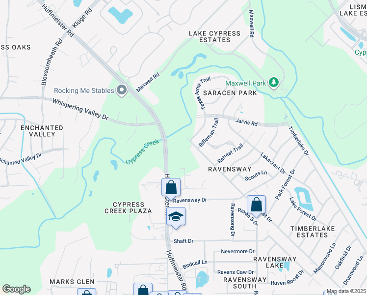map of restaurants, bars, coffee shops, grocery stores, and more near 12902 Rifleman Trail in Harris County