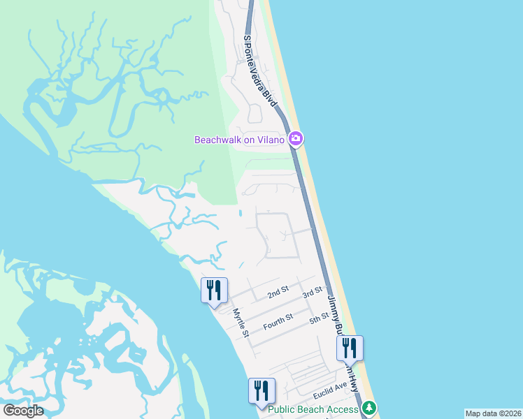 map of restaurants, bars, coffee shops, grocery stores, and more near 2304 Windjammer Lane in St. Augustine