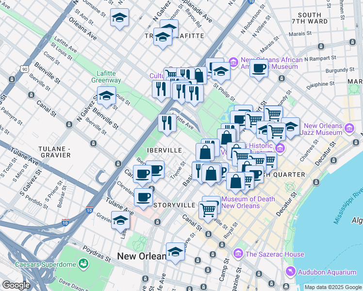 map of restaurants, bars, coffee shops, grocery stores, and more near 1401 Saint Louis Street in New Orleans