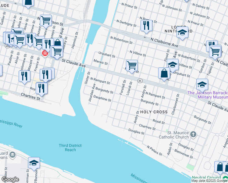 map of restaurants, bars, coffee shops, grocery stores, and more near 931 Reynes Street in New Orleans