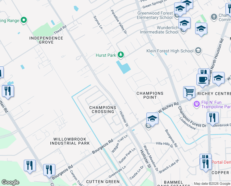 map of restaurants, bars, coffee shops, grocery stores, and more near 11903 Bourgeois Forest Drive in Houston