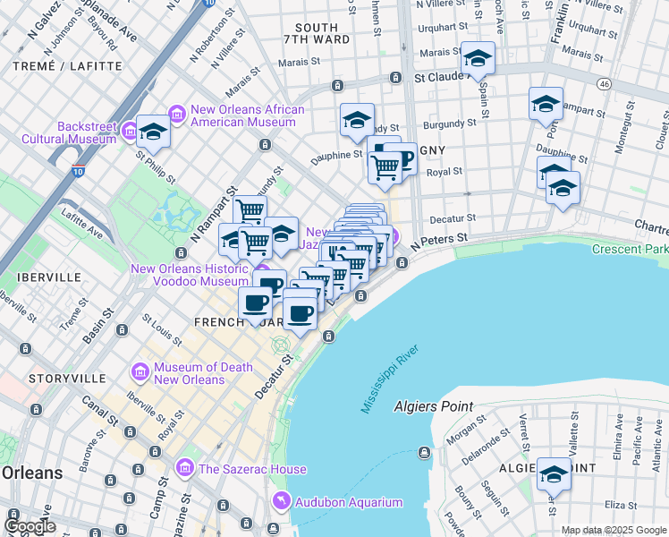 map of restaurants, bars, coffee shops, grocery stores, and more near 1114 Chartres Street in New Orleans