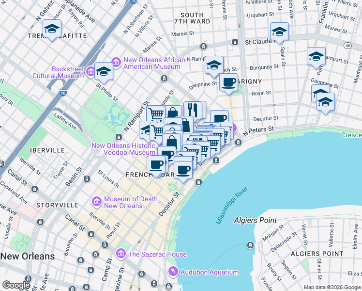 map of restaurants, bars, coffee shops, grocery stores, and more near 623 Ursulines Avenue in New Orleans