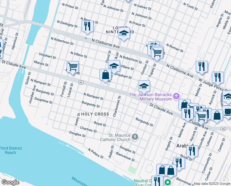 map of restaurants, bars, coffee shops, grocery stores, and more near 5640 Saint Claude Avenue in New Orleans