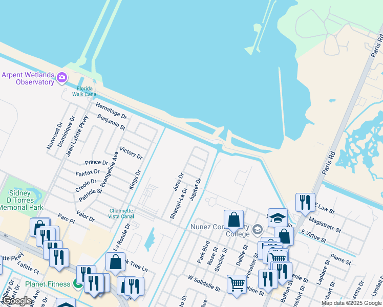 map of restaurants, bars, coffee shops, grocery stores, and more near 4114 Juno Drive in Chalmette