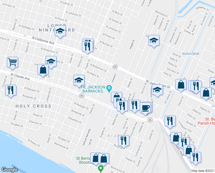 map of restaurants, bars, coffee shops, grocery stores, and more near 6438 Urville Street in New Orleans