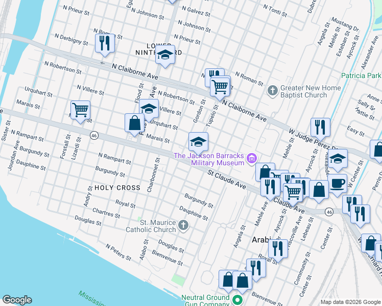 map of restaurants, bars, coffee shops, grocery stores, and more near 1127 Gordon Street in New Orleans