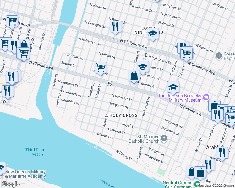 map of restaurants, bars, coffee shops, grocery stores, and more near 18 Saint Claude Court in New Orleans