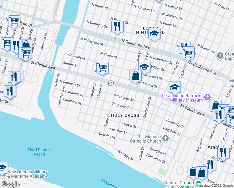 map of restaurants, bars, coffee shops, grocery stores, and more near 18 Saint Claude Court in New Orleans
