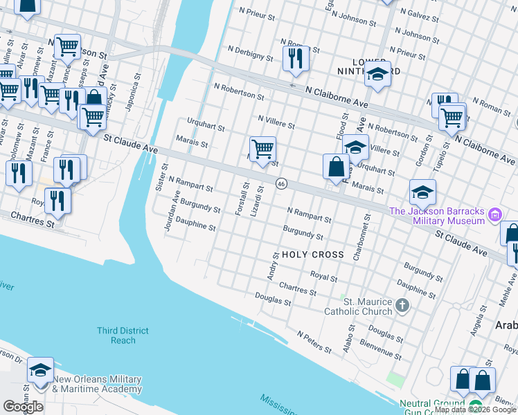 map of restaurants, bars, coffee shops, grocery stores, and more near 942 Lizardi Street in New Orleans