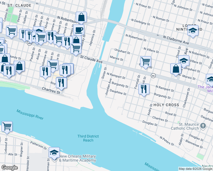 map of restaurants, bars, coffee shops, grocery stores, and more near 44326 Dauphine Street in New Orleans