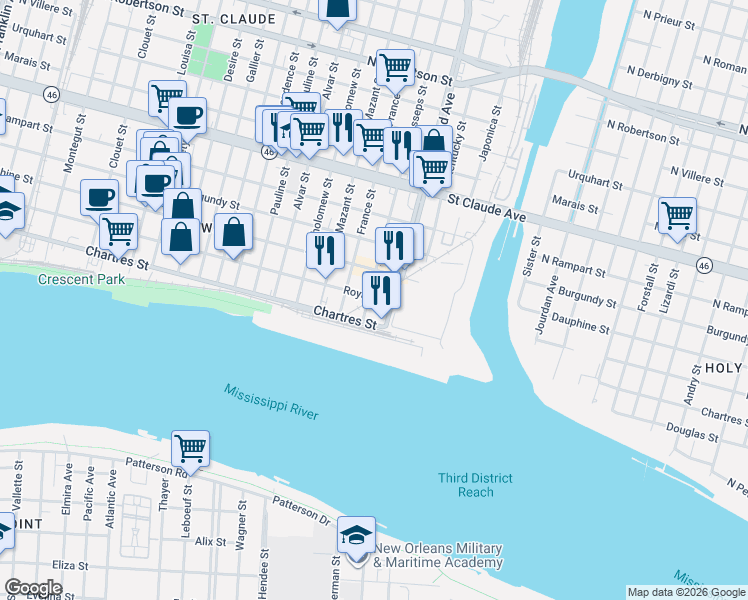 map of restaurants, bars, coffee shops, grocery stores, and more near 44063 Lesseps Street in New Orleans