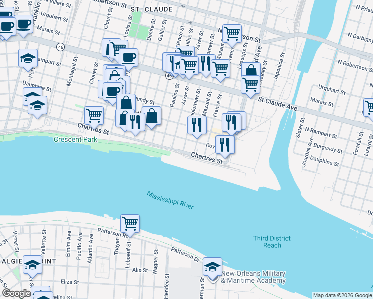 map of restaurants, bars, coffee shops, grocery stores, and more near 4026 Royal Street in New Orleans