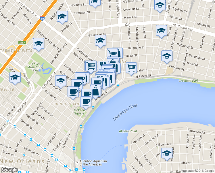 map of restaurants, bars, coffee shops, grocery stores, and more near in New Orleans