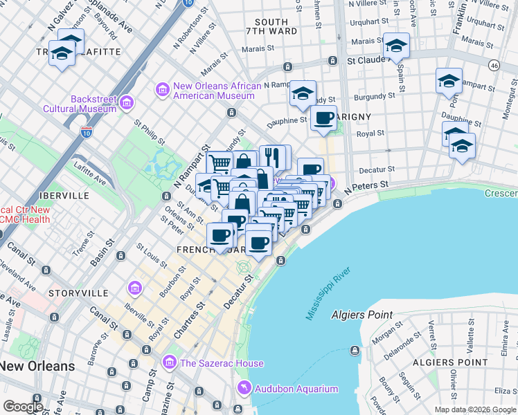 map of restaurants, bars, coffee shops, grocery stores, and more near 623 Ursulines Avenue in New Orleans