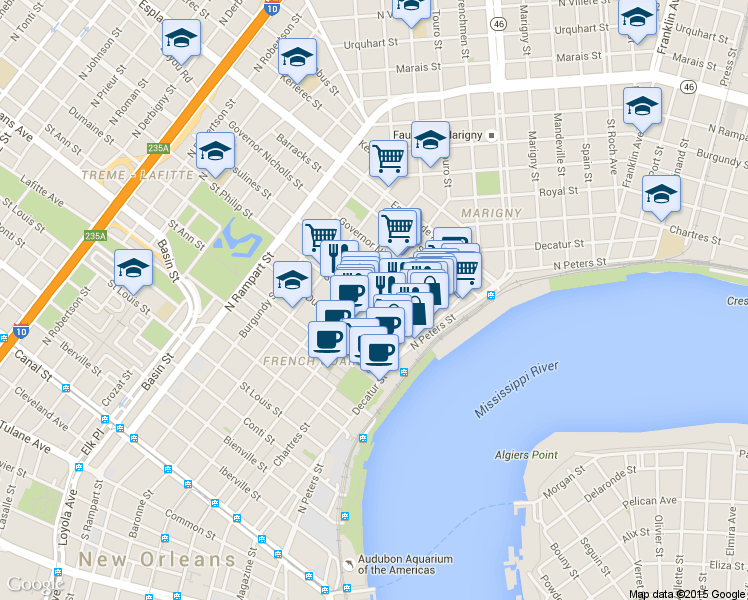 map of restaurants, bars, coffee shops, grocery stores, and more near 623 Ursulines Avenue in New Orleans