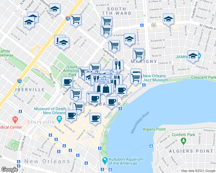 map of restaurants, bars, coffee shops, grocery stores, and more near 727 Saint Philip Street in New Orleans