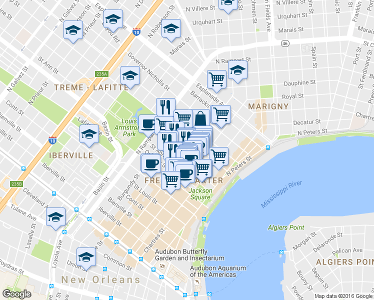 map of restaurants, bars, coffee shops, grocery stores, and more near 916 Dauphine Street in New Orleans
