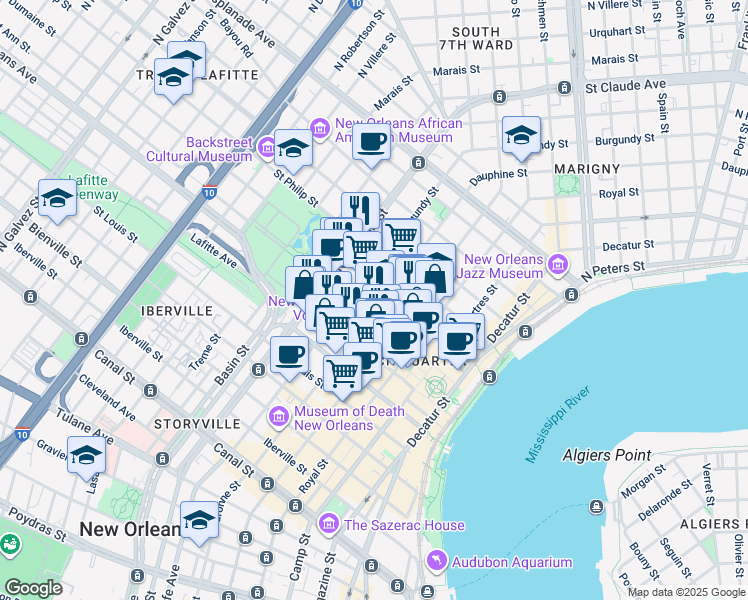 map of restaurants, bars, coffee shops, grocery stores, and more near 824 Burgundy Street in New Orleans