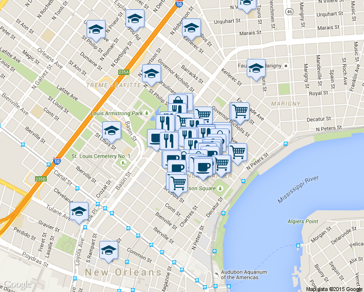 map of restaurants, bars, coffee shops, grocery stores, and more near 824 Burgundy Street in New Orleans