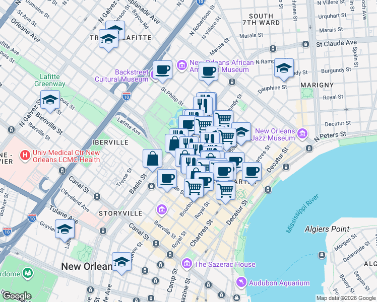 map of restaurants, bars, coffee shops, grocery stores, and more near in New Orleans
