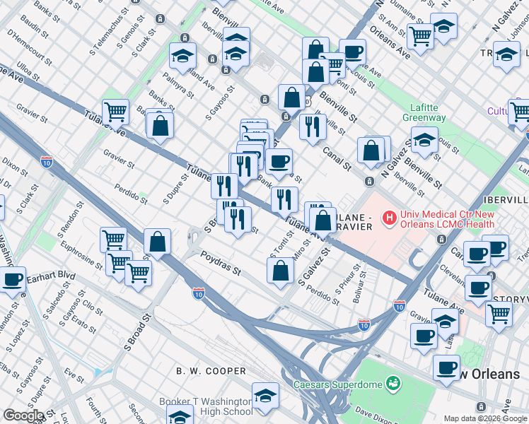 map of restaurants, bars, coffee shops, grocery stores, and more near 2537 Tulane Avenue in New Orleans