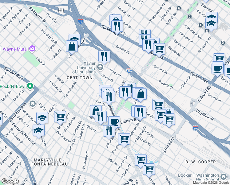 map of restaurants, bars, coffee shops, grocery stores, and more near 1019 South Clark Street in New Orleans