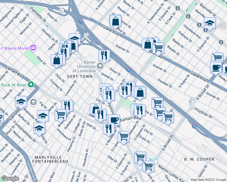 map of restaurants, bars, coffee shops, grocery stores, and more near 1045 South Genois Street in New Orleans