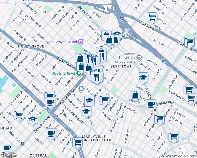 map of restaurants, bars, coffee shops, grocery stores, and more near 10 Mars Place in New Orleans