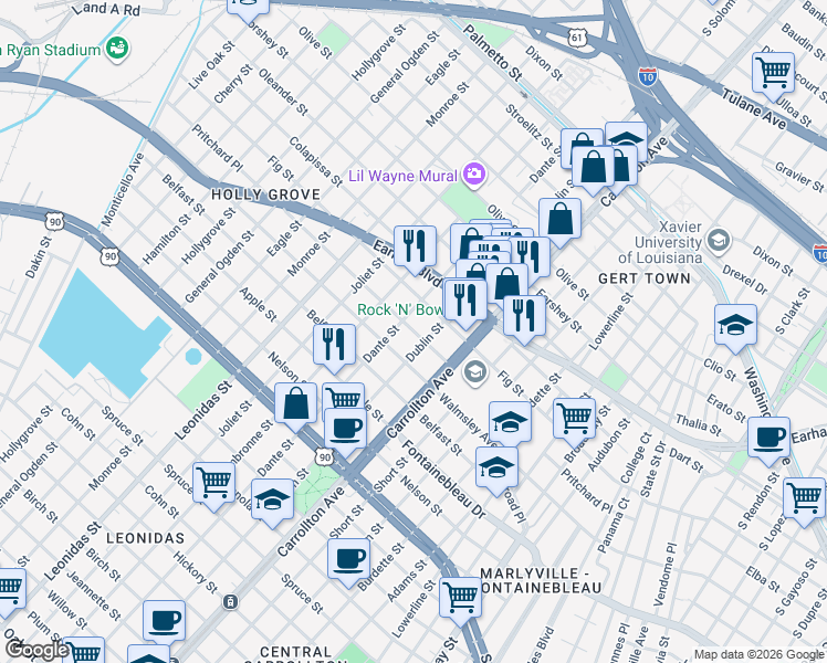 map of restaurants, bars, coffee shops, grocery stores, and more near 8232 Pritchard Place in New Orleans
