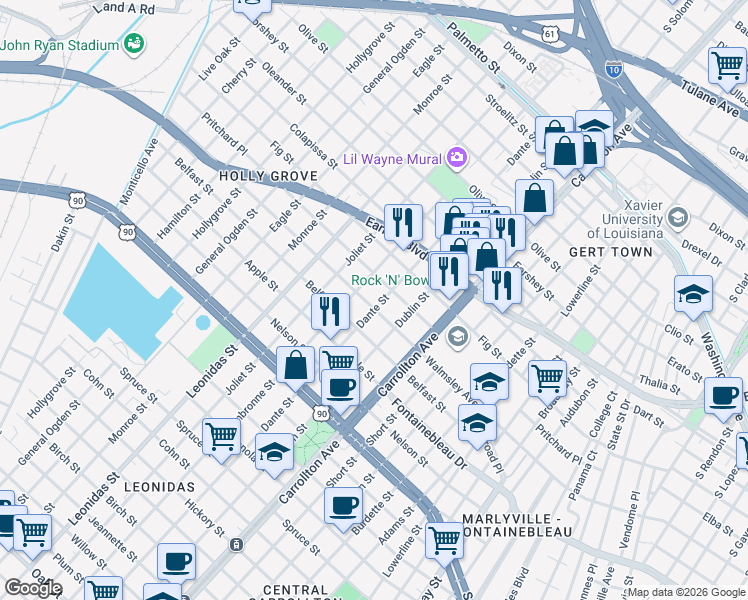 map of restaurants, bars, coffee shops, grocery stores, and more near 8232 Pritchard Place in New Orleans
