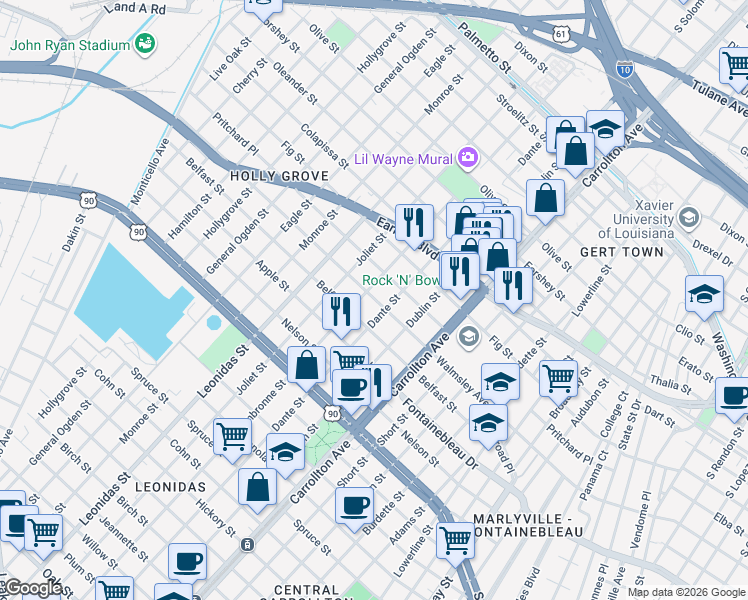 map of restaurants, bars, coffee shops, grocery stores, and more near 8338 Apricot Street in New Orleans