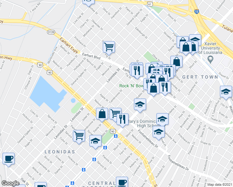 map of restaurants, bars, coffee shops, grocery stores, and more near 8338 Apricot Street in New Orleans