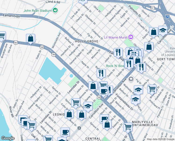 map of restaurants, bars, coffee shops, grocery stores, and more near in New Orleans